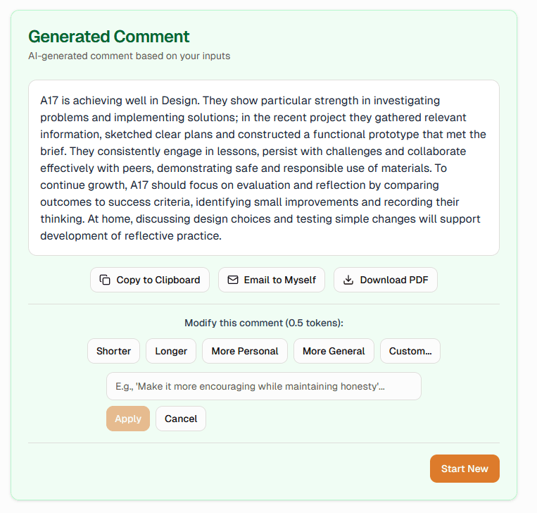 Example South African report comment generated by School Reports SA