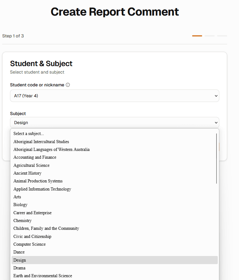 Pick student and subject screen of School Reports SA